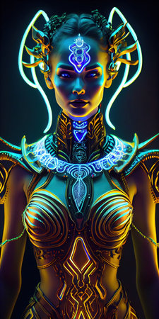 Portrait of a mystical fantasy bioluminescent neon woman. Glamorous fashionable lady. Generative AI Art.の素材