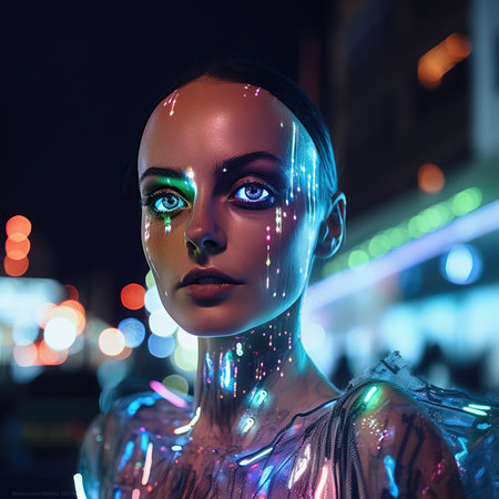 Portrait of a sci-fi cyberpunk girl. High-tech futuristic woman from the future. Generative AI Art.の素材