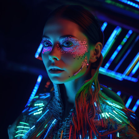 Portrait of a mystical fantasy bioluminescent neon woman. Glamorous fashionable lady. Generative AI Art.の素材