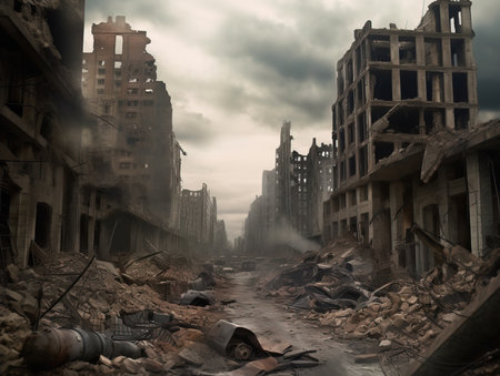 Post-apocalyptic ruined deserted city. Destroyed buildings, destroyed roads, blown up skyscrapers. Generative AI Art.の素材
