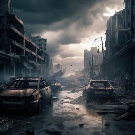 Post-apocalyptic ruined deserted city. Destroyed buildings, destroyed roads, blown up skyscrapers. Generative AI Art.の素材
