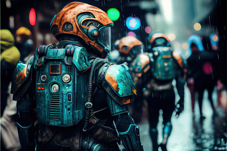 Portrait of Fantastic Warrior. High-tech futuristic man from the future. Generative AI Art.の素材