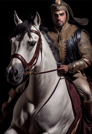 The rider next to his fast horse. Rider on horseback. Generative AI Art.の素材