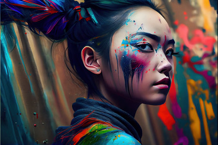 Abstract portrait of a beautiful fashionable girl in fantasy style. Creative beautiful girl. Generative AI Art.の素材