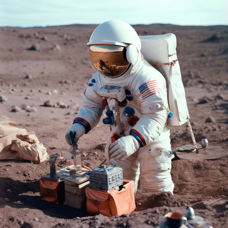 An astronaut exploring an alien planet. A high-tech astronaut from the future. Generative AI Art.の素材