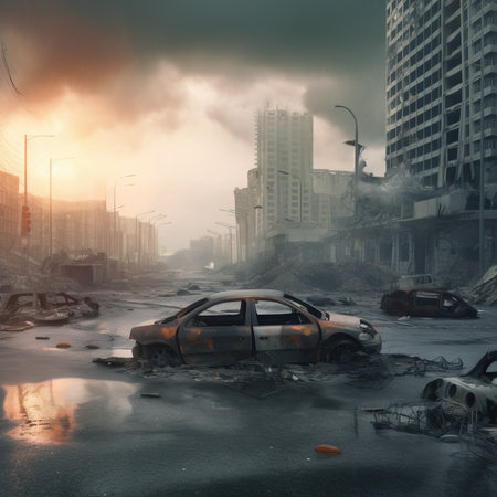 Post-apocalyptic ruined deserted city. Destroyed buildings, destroyed roads, blown up skyscrapers. Generative AI Art.の素材