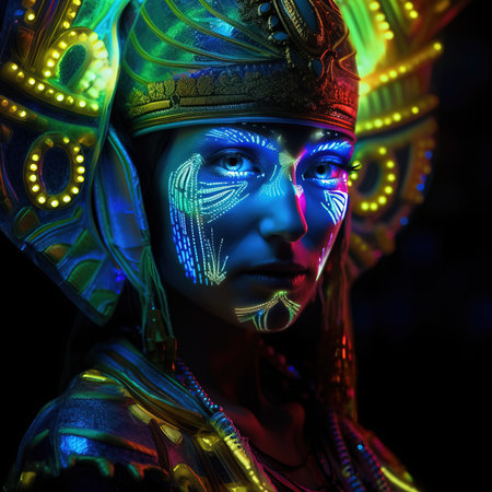 Portrait of a mystical fantasy bioluminescent neon woman. Glamorous fashionable lady. Generative AI Art.の素材