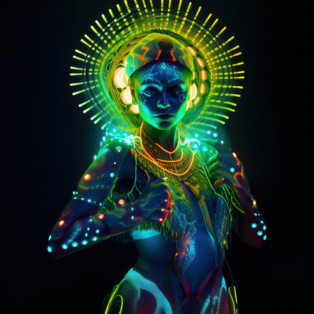 Portrait of a mystical fantasy bioluminescent neon woman. Glamorous fashionable lady. Generative AI Art.の素材