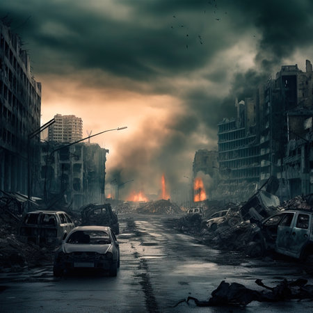 Post-apocalyptic ruined deserted city. Destroyed buildings, destroyed roads, blown up skyscrapers. Generative AI Art.の素材