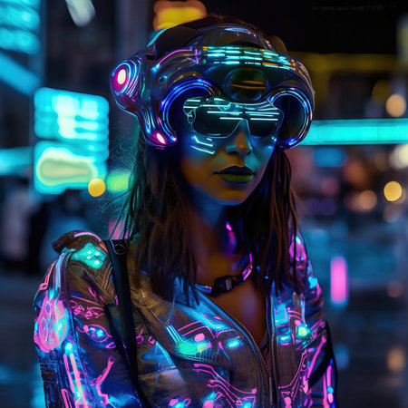 Portrait of a sci-fi cyberpunk girl. High-tech futuristic woman from the future. Generative AI Art.の素材