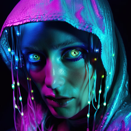 Portrait of a mystical fantasy bioluminescent neon woman. Glamorous fashionable lady. Generative AI Art.の素材