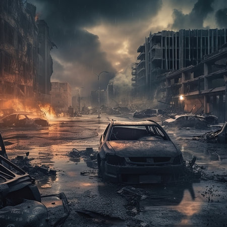 Post-apocalyptic ruined deserted city. Destroyed buildings, destroyed roads, blown up skyscrapers. Generative AI Art.の素材