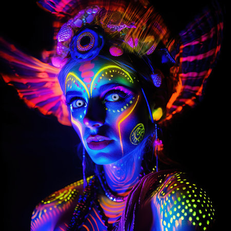 Portrait of a mystical fantasy bioluminescent neon woman. Glamorous fashionable lady. Generative AI Art.の素材