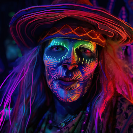 Portrait of a mystical fantasy bioluminescent neon man. Glamorous fashionable rastaman. Generative AI Art.の素材