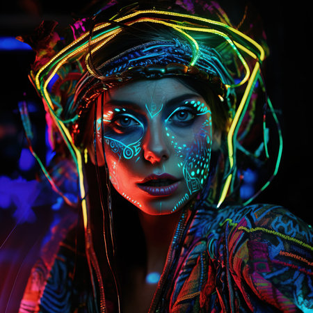 Portrait of a mystical fantasy bioluminescent neon woman. Glamorous fashionable lady. Generative AI Art.の素材