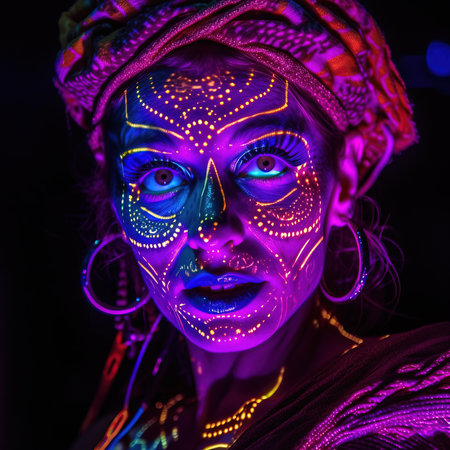 Portrait of a mystical fantasy bioluminescent neon woman. Glamorous fashionable lady. Generative AI Art.の素材