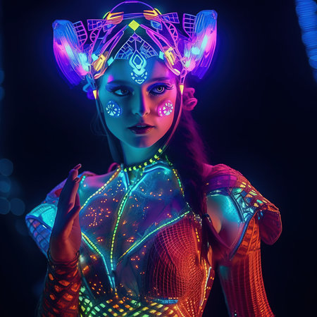 Portrait of a mystical fantasy bioluminescent neon woman. Glamorous fashionable lady. Generative AI Art.の素材