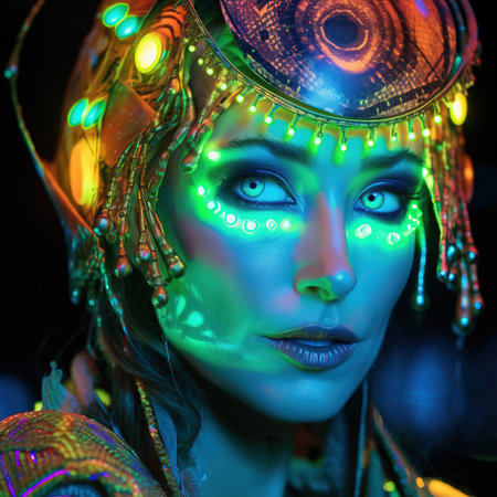 Portrait of a mystical fantasy bioluminescent neon woman. Glamorous fashionable lady. Generative AI Art.の素材