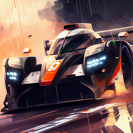 Image of a race car racing down the road. Concept of a racing car. Generative AI Art.の素材