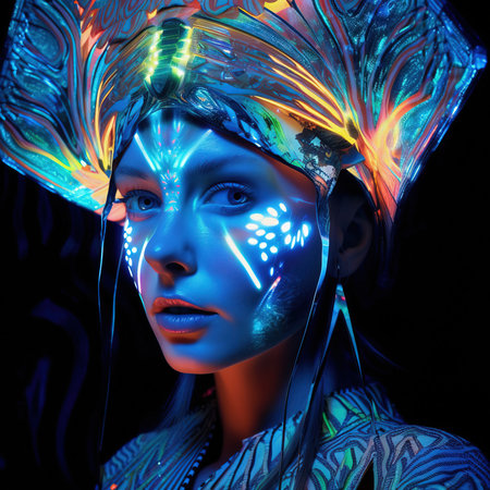 Portrait of a mystical fantasy bioluminescent neon woman. Glamorous fashionable lady. Generative AI Art.の素材