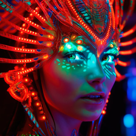 Portrait of a mystical fantasy bioluminescent neon woman. Glamorous fashionable lady. Generative AI Art.の素材
