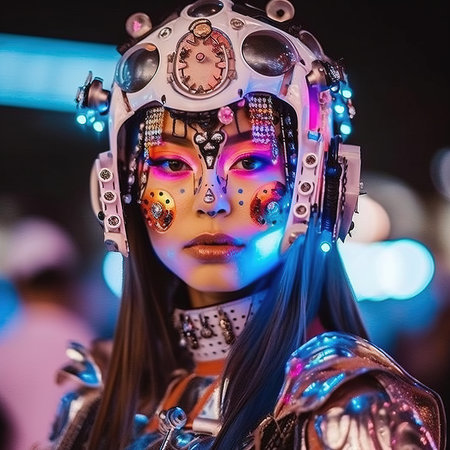 Portrait of a mystical fantasy bioluminescent neon woman. Glamorous fashionable lady. Generative AI Art.の素材