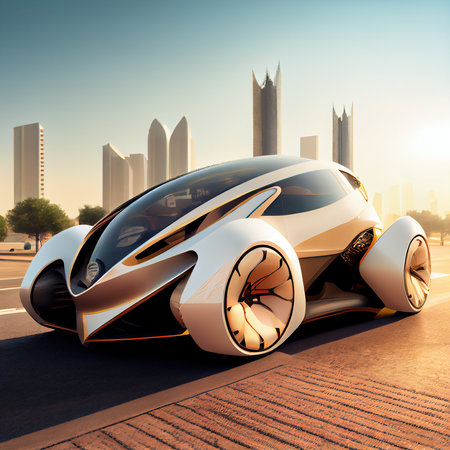 Image of a futuristic car against the backdrop of the city of the future. Concept of the car of the future. Generative AI Artの素材