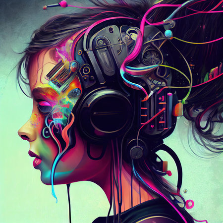 Portrait of a sci-fi cyberpunk girl. High-tech futuristic woman from the future. Generative AI Art.の素材