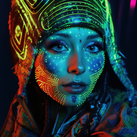 Portrait of a mystical fantasy bioluminescent neon woman. Glamorous fashionable lady. Generative AI Art.の素材