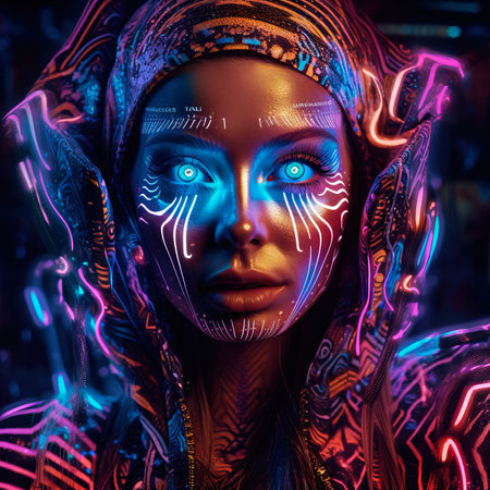 Portrait of a mystical fantasy bioluminescent neon woman. Glamorous fashionable lady. Generative AI Art.の素材