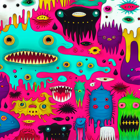 Abstract magical funny cartoon monsters. Lots of colored pnt, funny monsters and rnbow colors. Generative AI Art.の素材
