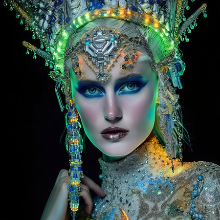 Portrait of a mystical fantasy bioluminescent neon woman. Glamorous fashionable lady. Generative AI Art.の素材