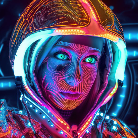 Portrait of a mystical fantasy bioluminescent neon woman. Glamorous fashionable lady. Generative AI Art.の素材