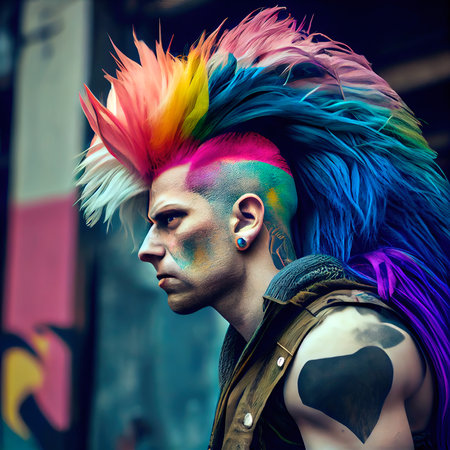 Portrait of retro hipster with colored hair. Hipster men with punk hair. Generative AI Art.の素材
