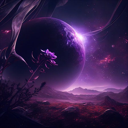 A deserted abstract colorful alien landscape. Alien planets during sunrise. Generative AI Art.の素材