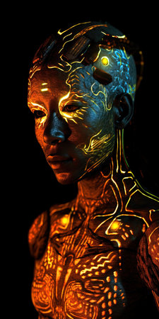 Portrait of a mystical fantasy bioluminescent neon woman. Glamorous fashionable lady. Generative AI Art.の素材