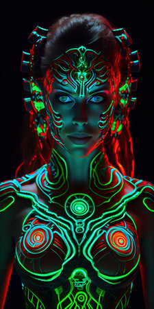 Portrait of a mystical fantasy bioluminescent neon woman. Glamorous fashionable lady. Generative AI Art.の素材