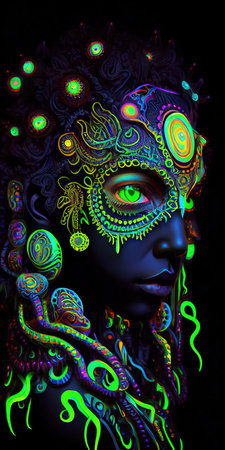 Portrait of a mystical fantasy bioluminescent neon woman. Glamorous fashionable lady. Generative AI Art.の素材