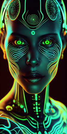 Portrait of a mystical fantasy bioluminescent neon woman. Glamorous fashionable lady. Generative AI Art.の素材