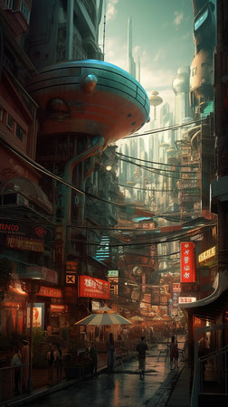 A futuristic neon city. A rainy city street with road. The concept of virtual reality and cyberpunk. Generative AI Artの素材