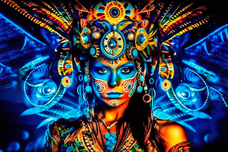 Portrait of a mystical fantasy bioluminescent neon woman. Glamorous fashionable lady. Generative AI Art.の素材