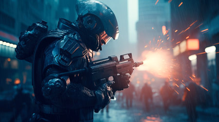 A battle of sci-fi robot warriors. The battlefield of robots. Artistic abstract cyberpunk fantasy. Generative AI Art.の素材