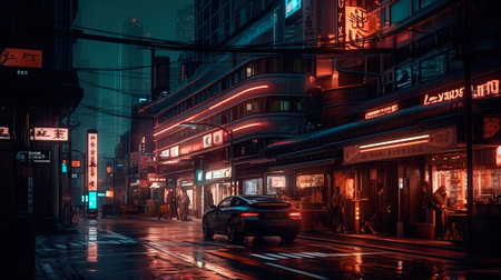 A futuristic neon city. A rainy city street with road. The concept of virtual reality and cyberpunk. Generative AI Artの素材