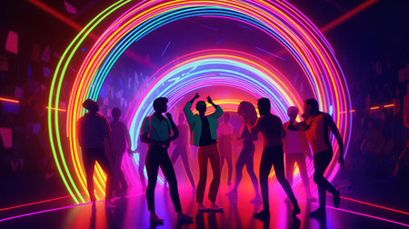Young people dancing in a fancy nightclub. The nights fiery dancing. Generative AI Art.の素材