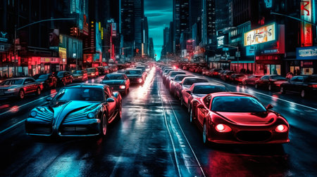 A lot of cars on the street of a major metropolis. Cars driving on the road. Generative AI Art.の素材