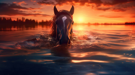 a horse in the water. Generative AI Art.の素材