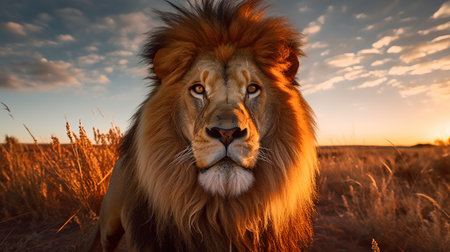 a lion in a field. Generative AI Art.の素材