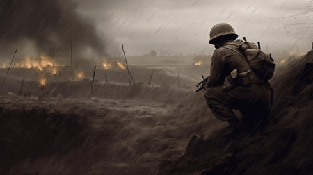 a man kneeling in a field with a gun and a gun. Generative AI Art.の素材
