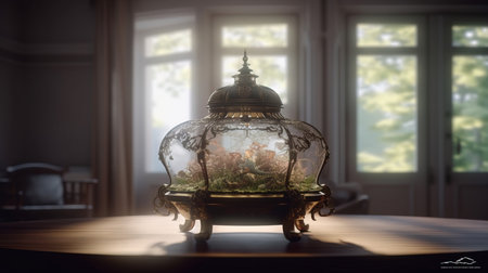 a glass lantern on a table. Generative AI Art.の素材