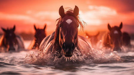 horses running in water. Generative AI Art.の素材